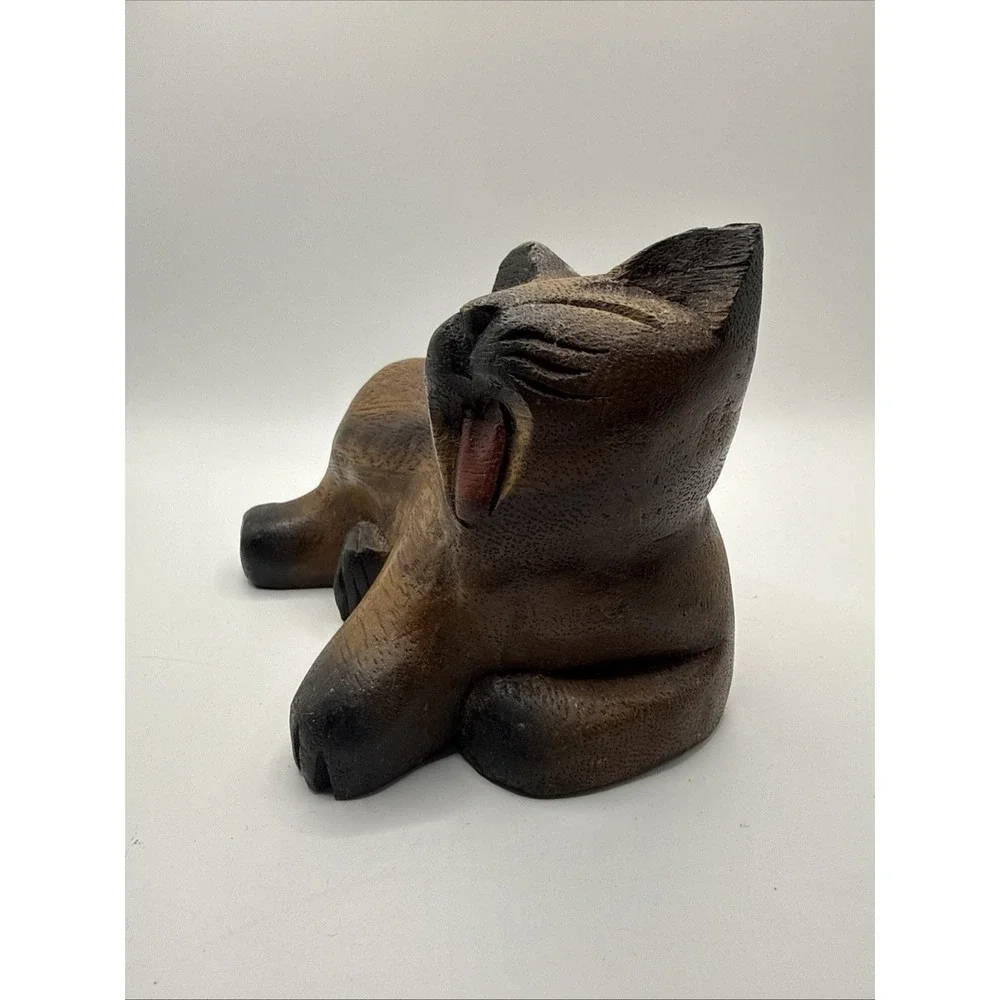 Black Brown Hand Carved Wood Yawning Cat Figurine Sculpture Thailand Kitty 6x4